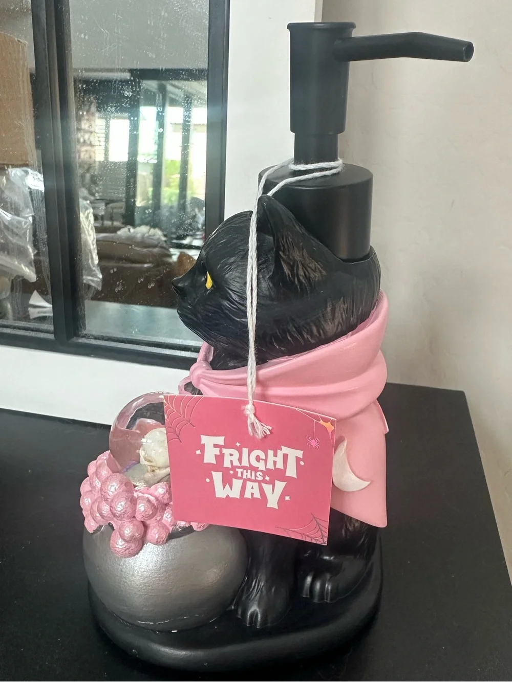 Pink & Black Cat Halloween Soap Dispenser with Skull Crystal Ball Cauldron